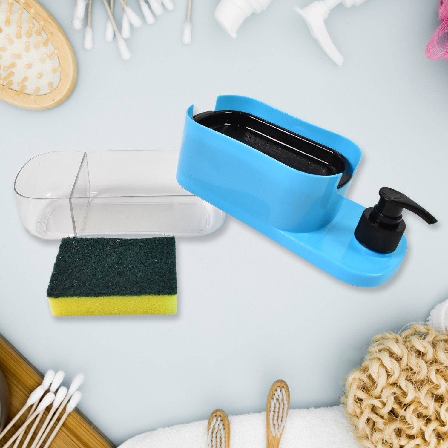 Blue 3 in 1 dishwashing dispenser with sponge holder and removable soap dish for convenient cleaning