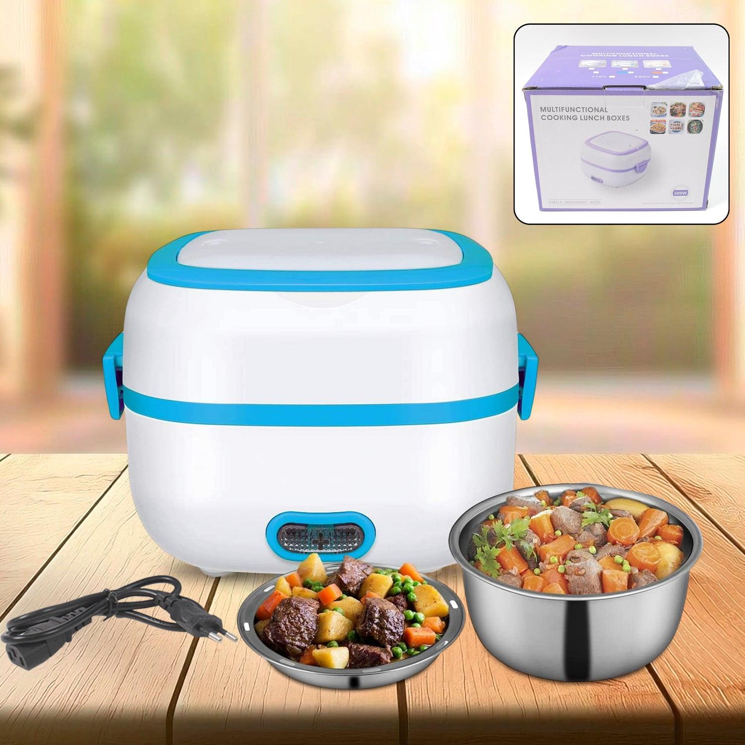 3 in 1 electric lunch box with multiple compartments and a steaming bowl for quick meals