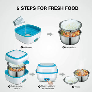 5-step process for using a 3 in 1 electric lunch box for fresh meals at home or on the go