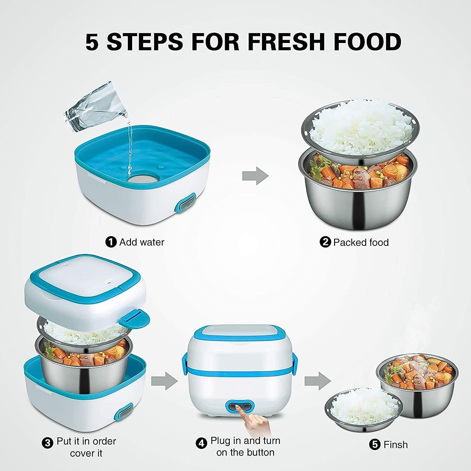 5-step process for using a 3 in 1 electric lunch box for fresh meals at home or on the go