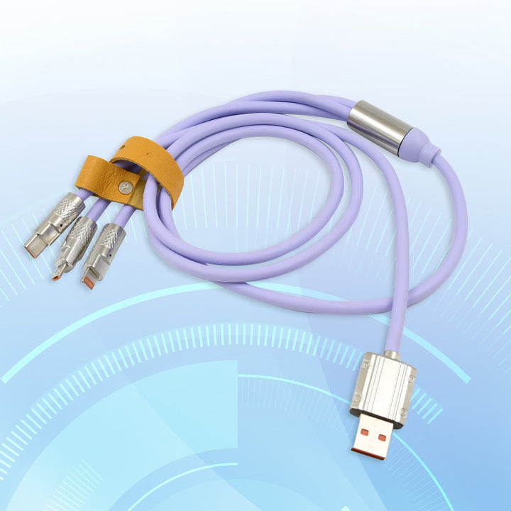 3 in 1 fast charging cable in purple with multiple connectors for versatile charging needs