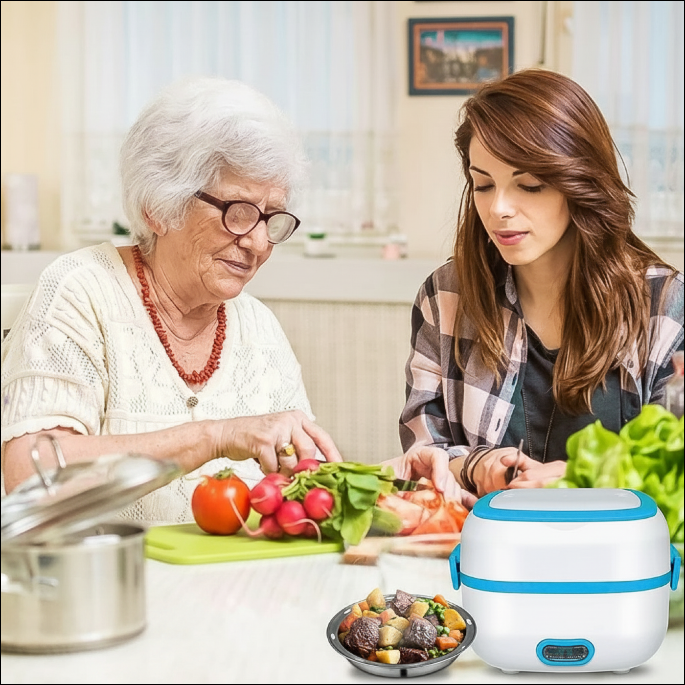 White and blue 2-tier portable electric lunch box with metal food tray and vegetables, shown in a kitchen.
