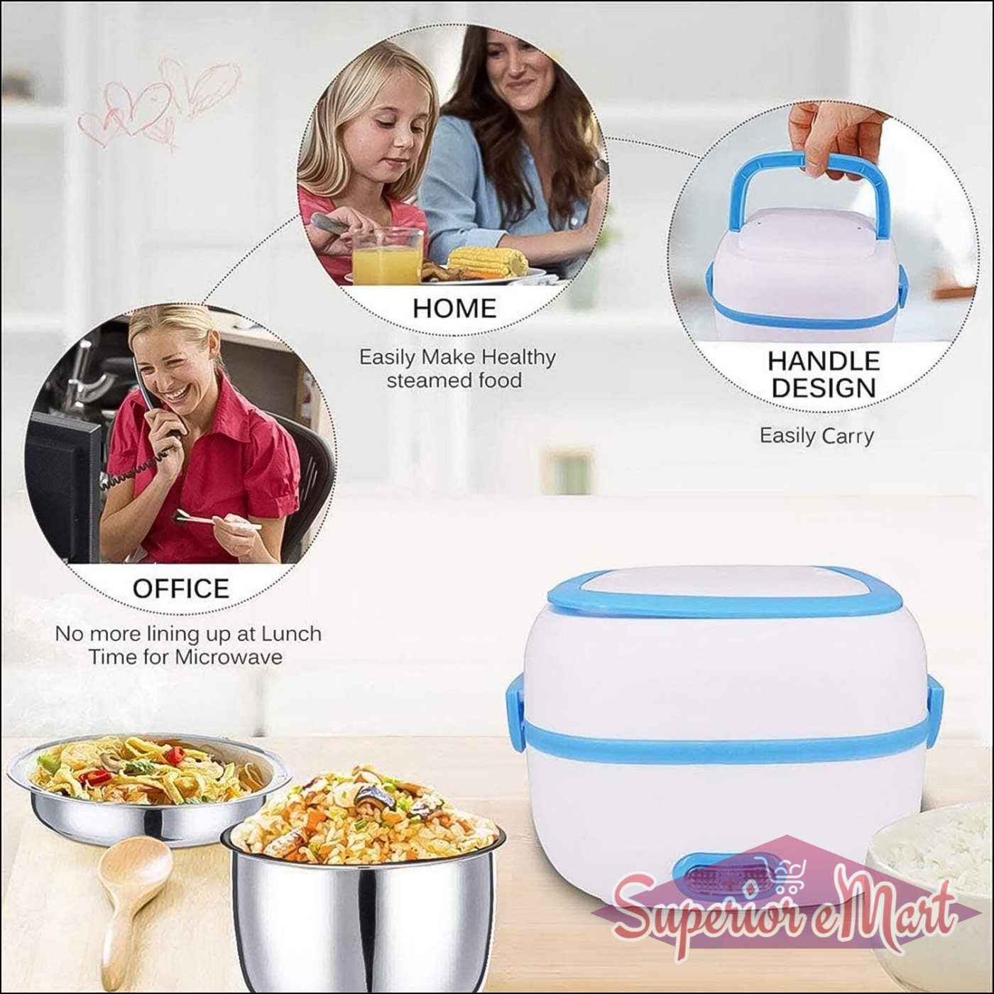 Superior eMart 3 in 1 electric lunch box with handle design for easy carrying and steaming food at home or office