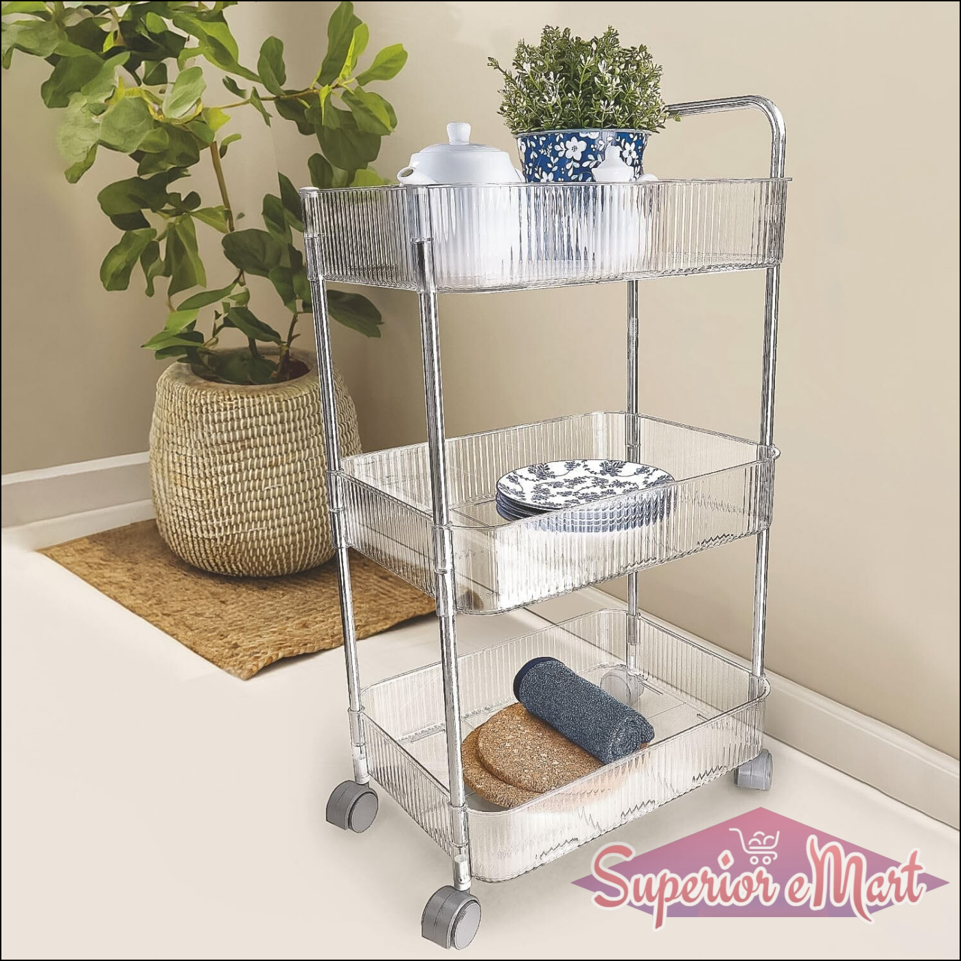 3-layer storage trolley with wheels, perfect for organizing kitchen supplies and home essentials