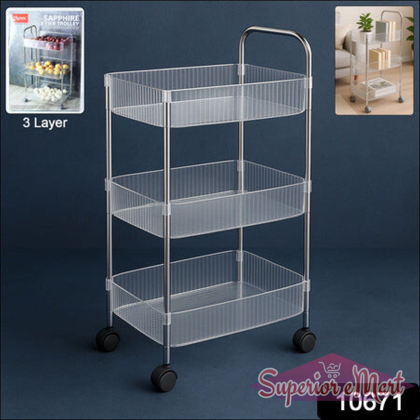 3-layer storage trolley with wheels featuring transparent shelves for easy organization in any room