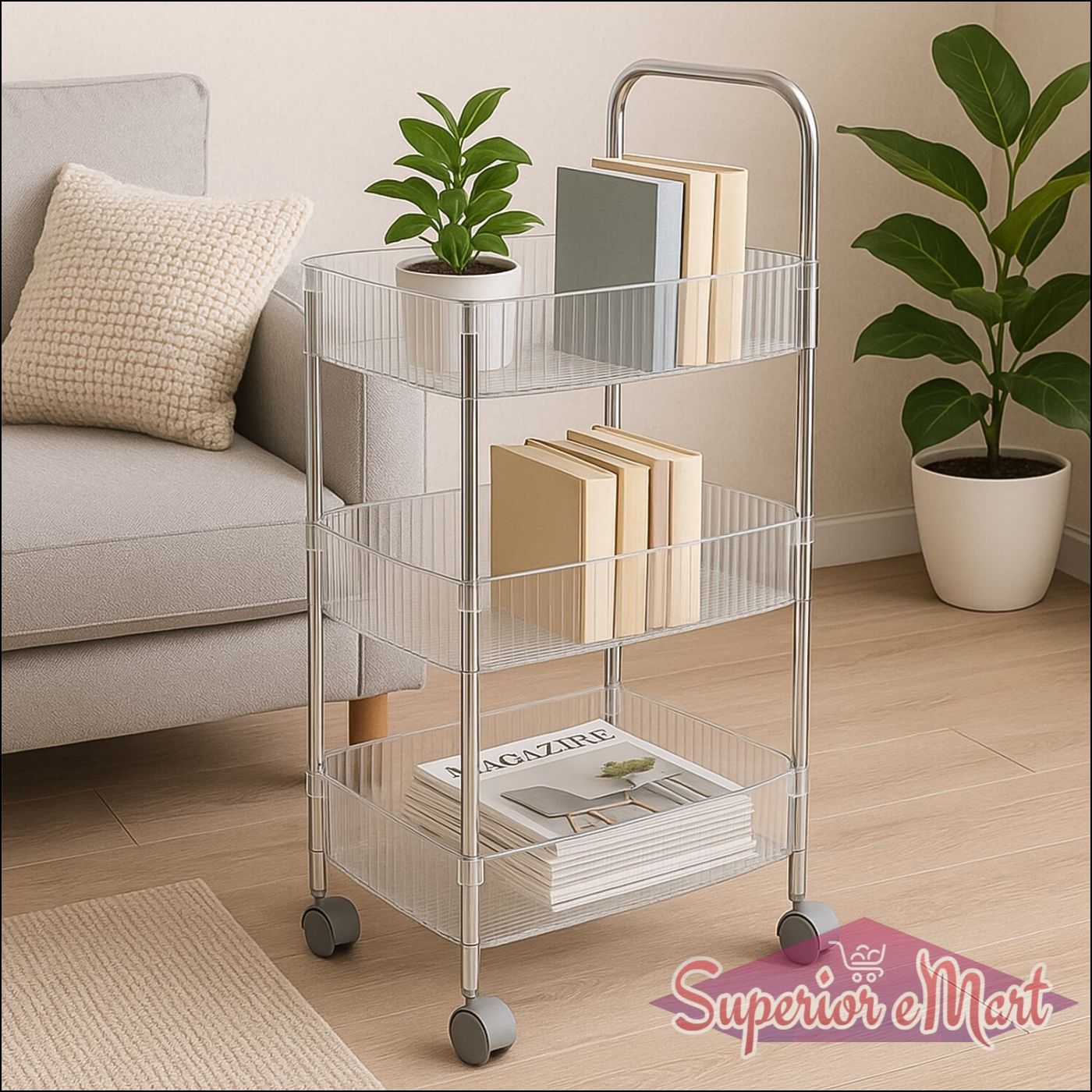 3-layer storage trolley with wheels in a modern living room with books and a plant on top