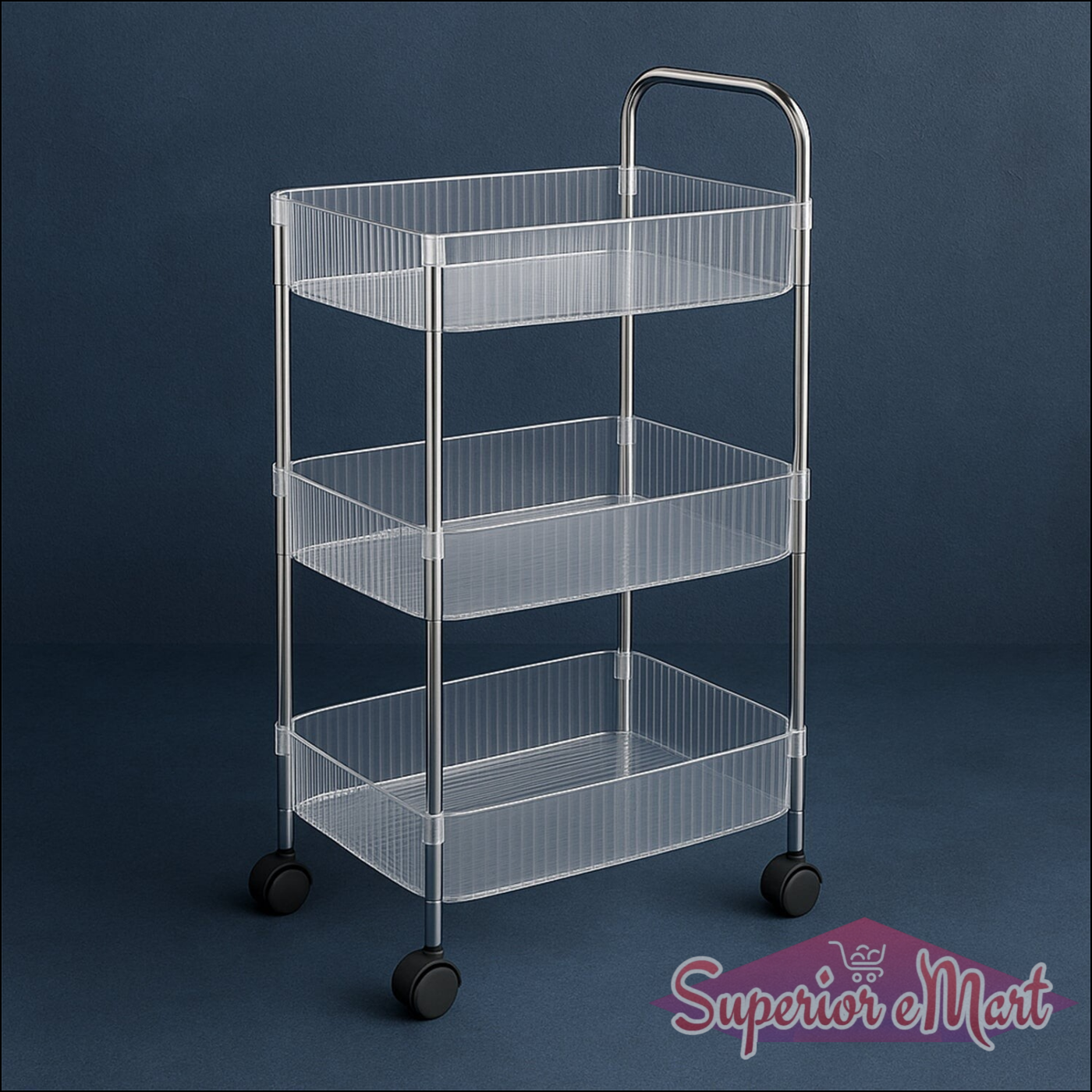 3-layer storage trolley with wheels in clear plastic and metal frame for home organization