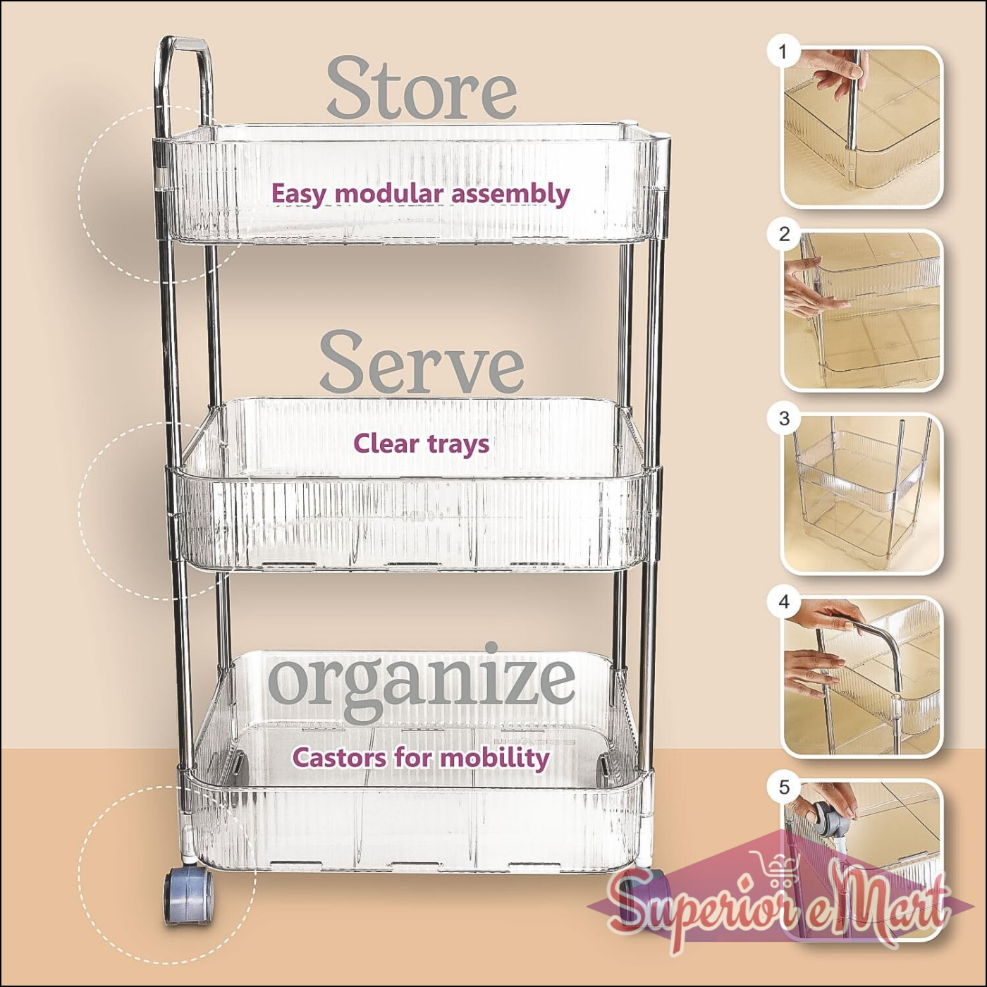 3-layer storage trolley with wheels for easy organization and mobility in home and kitchen spaces