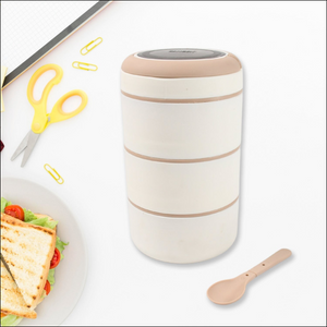 Superior eMart stainless steel 3 layer lunch box with a removable spoon and lunch ingredients on a plate