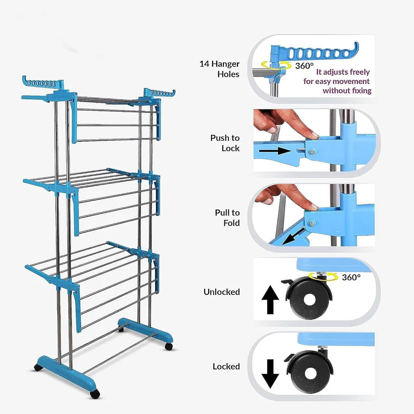 3 layer stainless steel cloth drying stand with adjustable features and 14 hanger holes for versatile drying