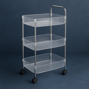 3-layer storage trolley with wheels in clear plastic and metal frame for home organization