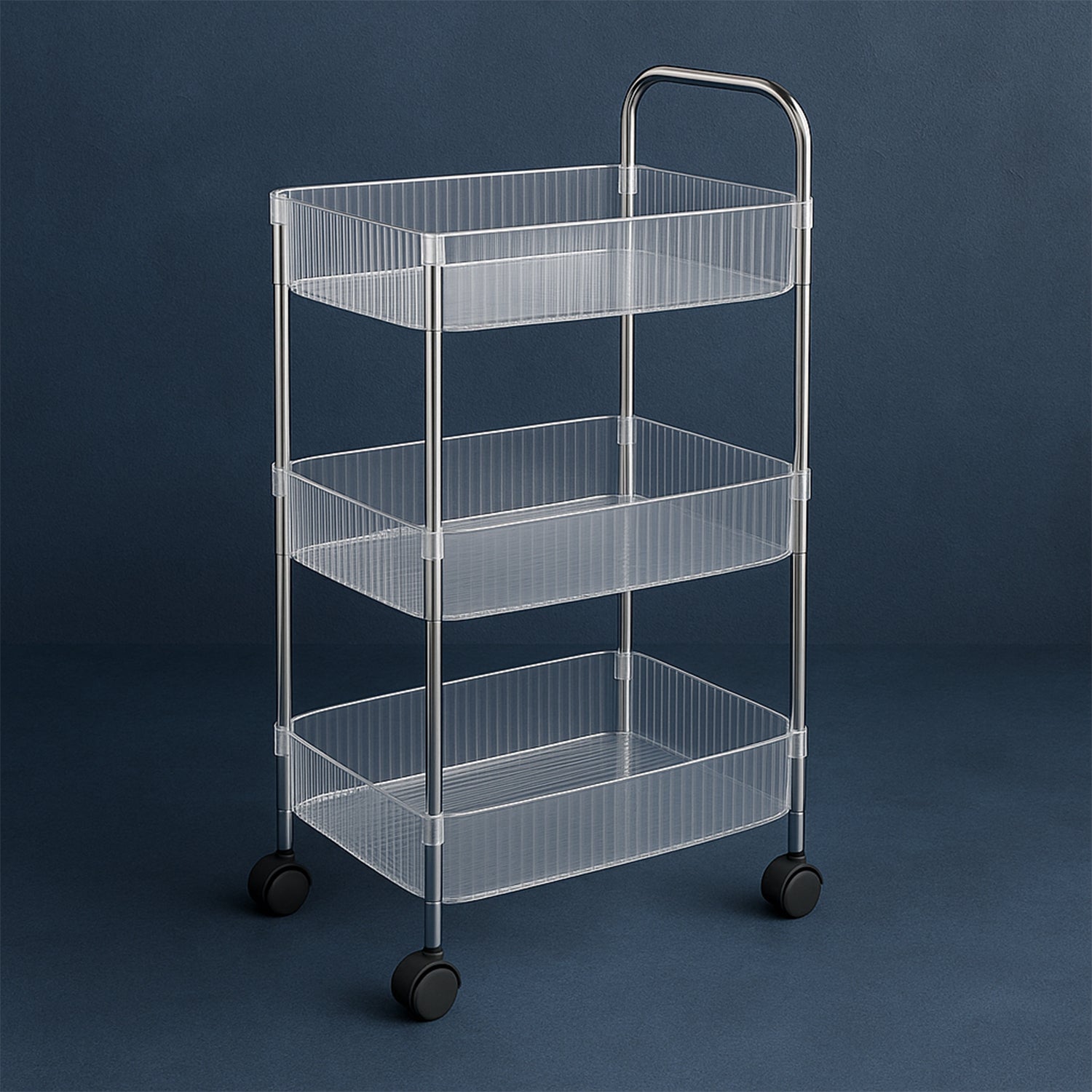 3-layer storage trolley with wheels in clear plastic and metal frame for home organization