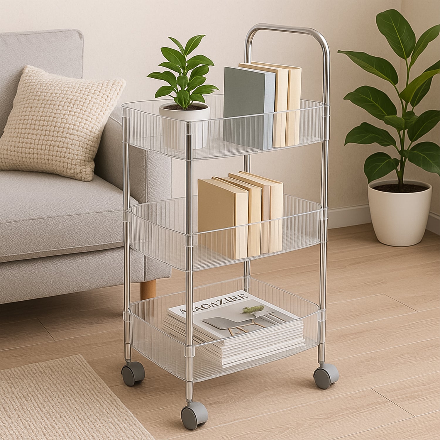 3-layer storage trolley with wheels in a modern living room with books and a plant on top