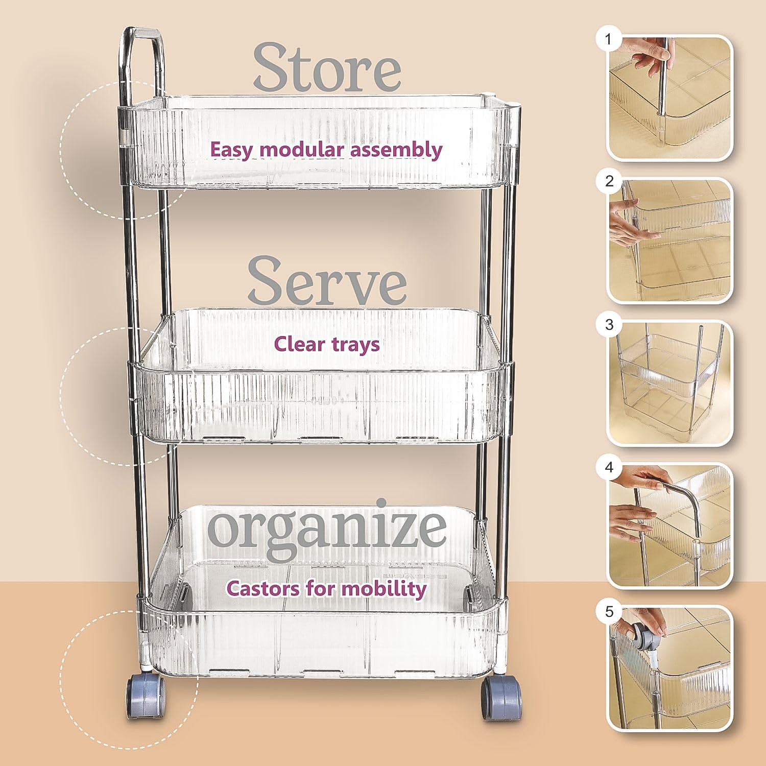 3-layer storage trolley with wheels for easy organization and mobility in home and kitchen spaces