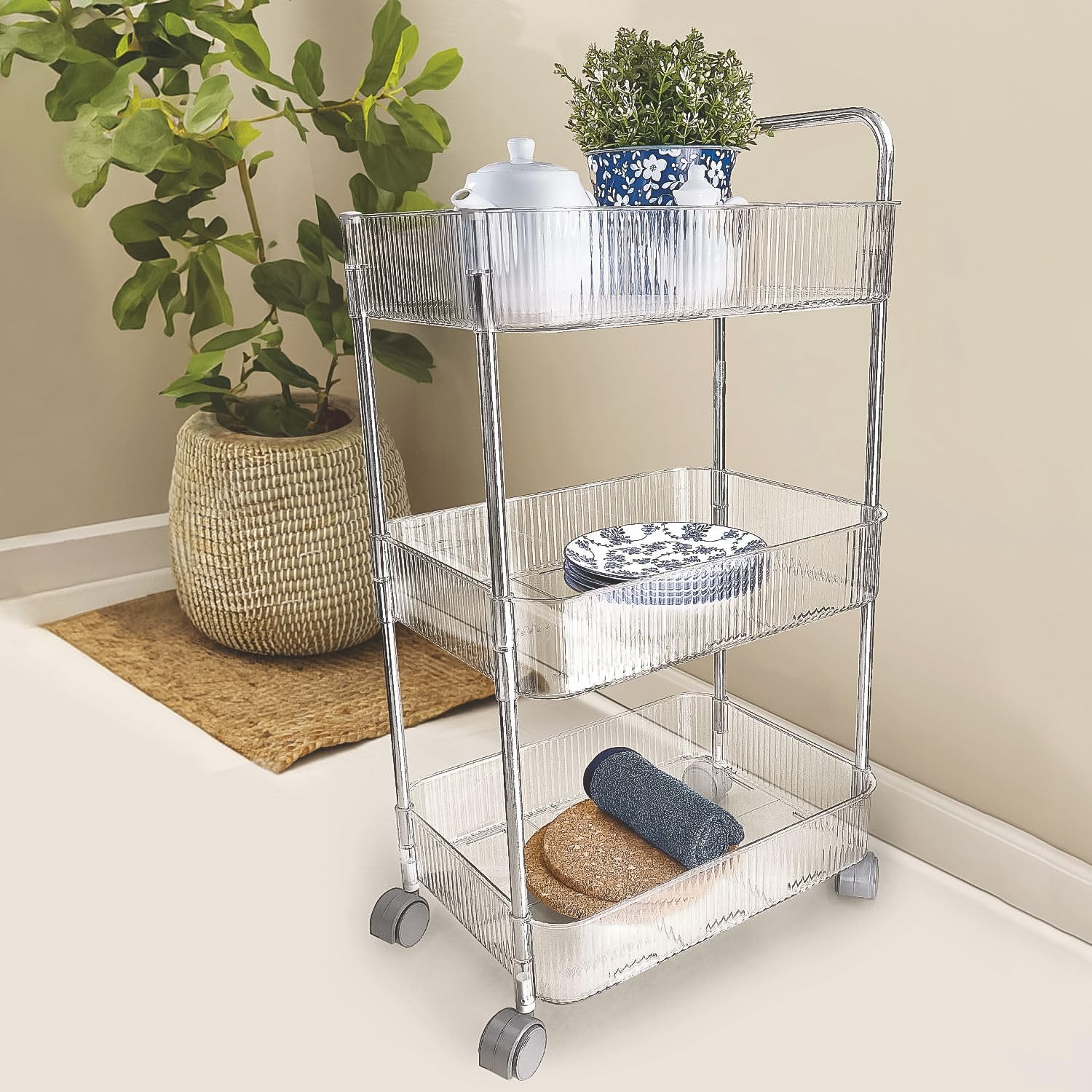 3-layer storage trolley with wheels, perfect for organizing kitchen supplies and home essentials