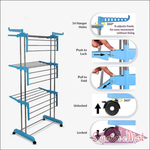 3 layer stainless steel cloth drying stand with adjustable features and 14 hanger holes for versatile drying