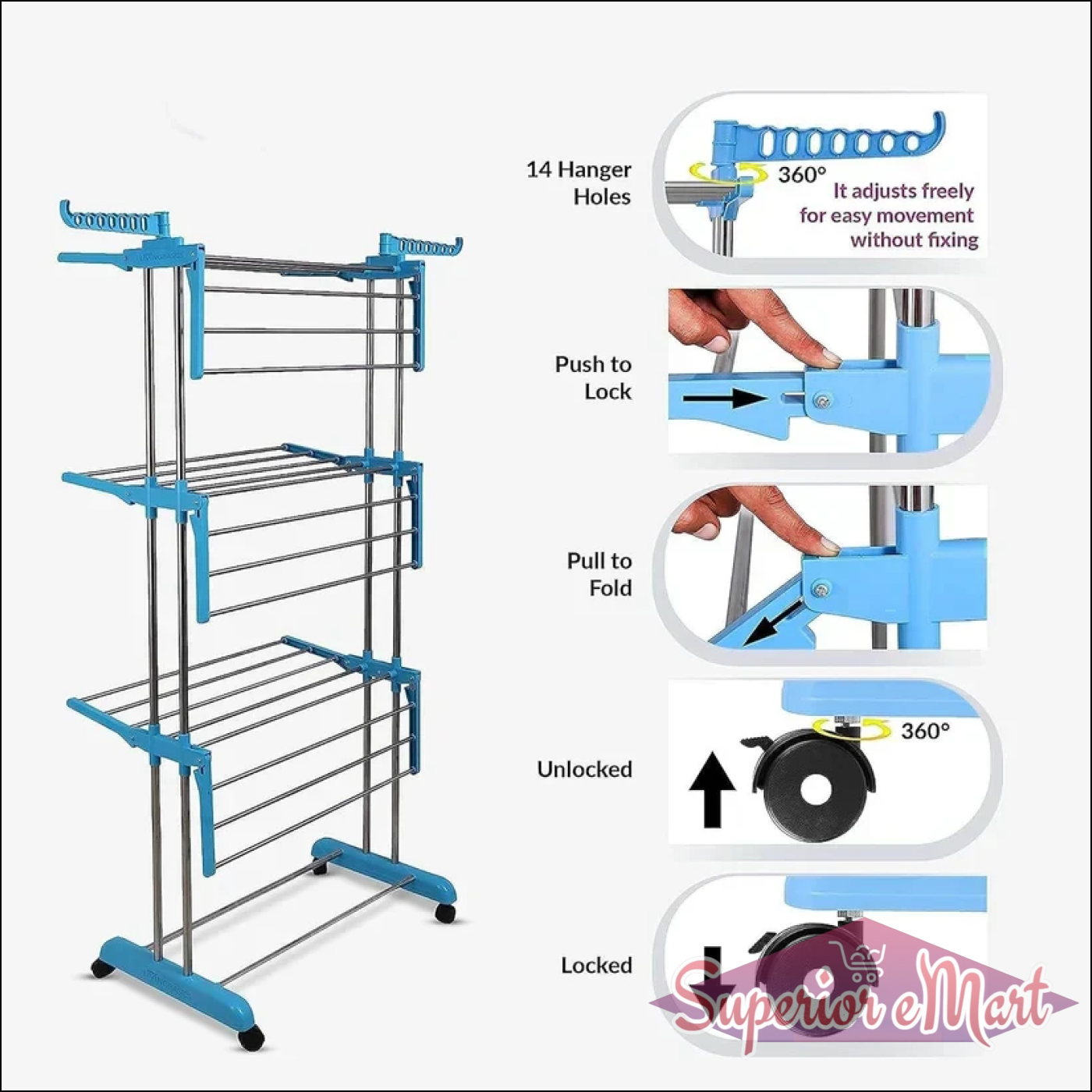 3 layer stainless steel cloth drying stand with adjustable features and 14 hanger holes for versatile drying