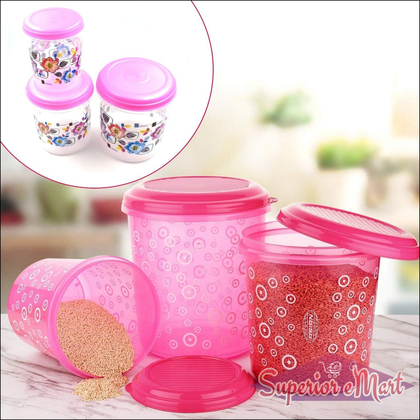 Superior eMart 3 piece storage container set in pink with decorative designs for organized kitchen storage