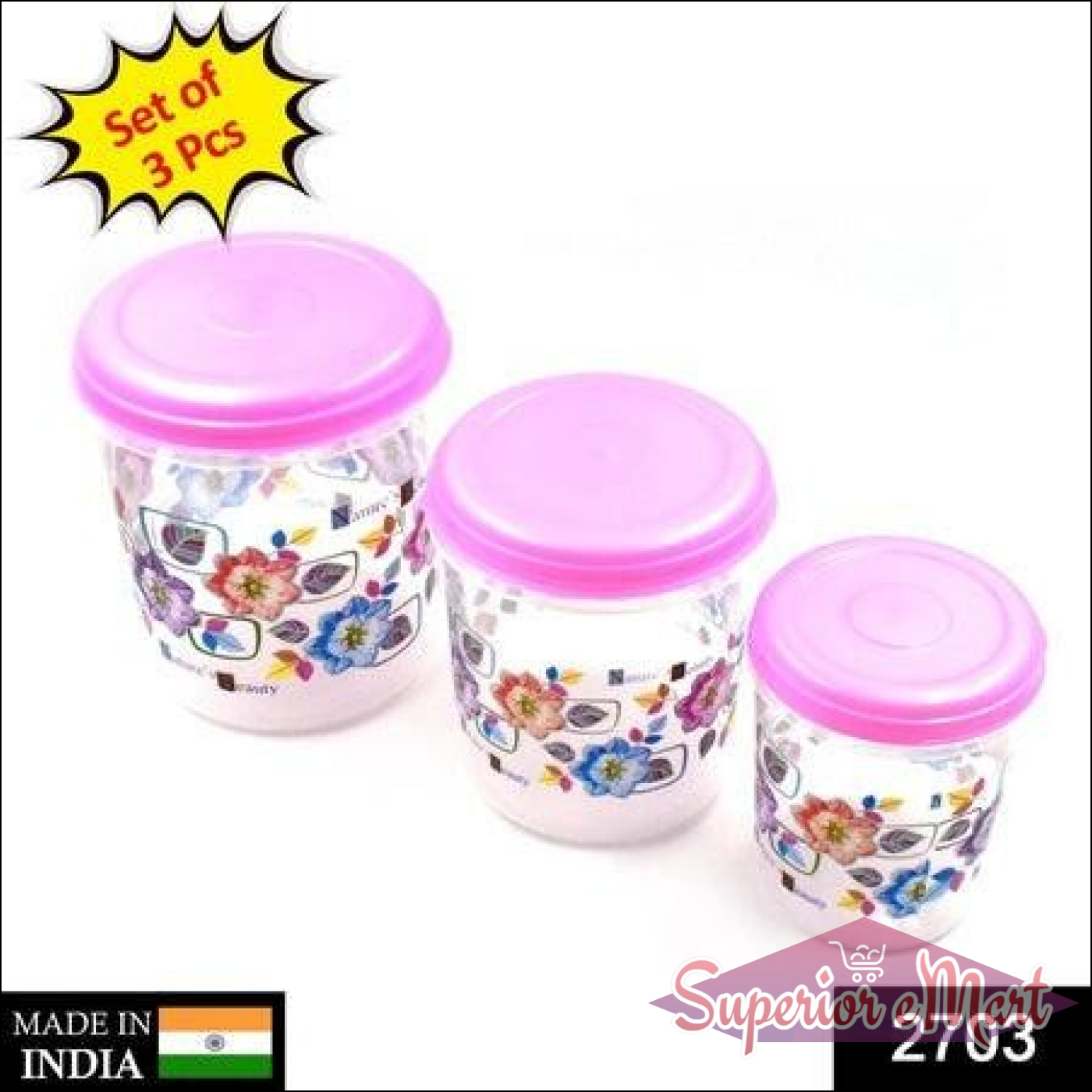 3 piece storage container set with colorful floral design and pink lids for kitchen organization