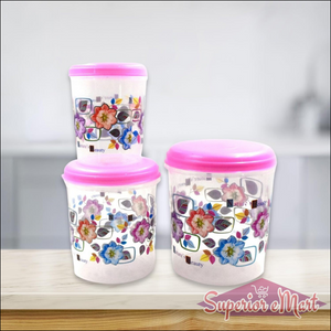 3 piece storage container set with vibrant floral designs and pink lids for kitchen organization