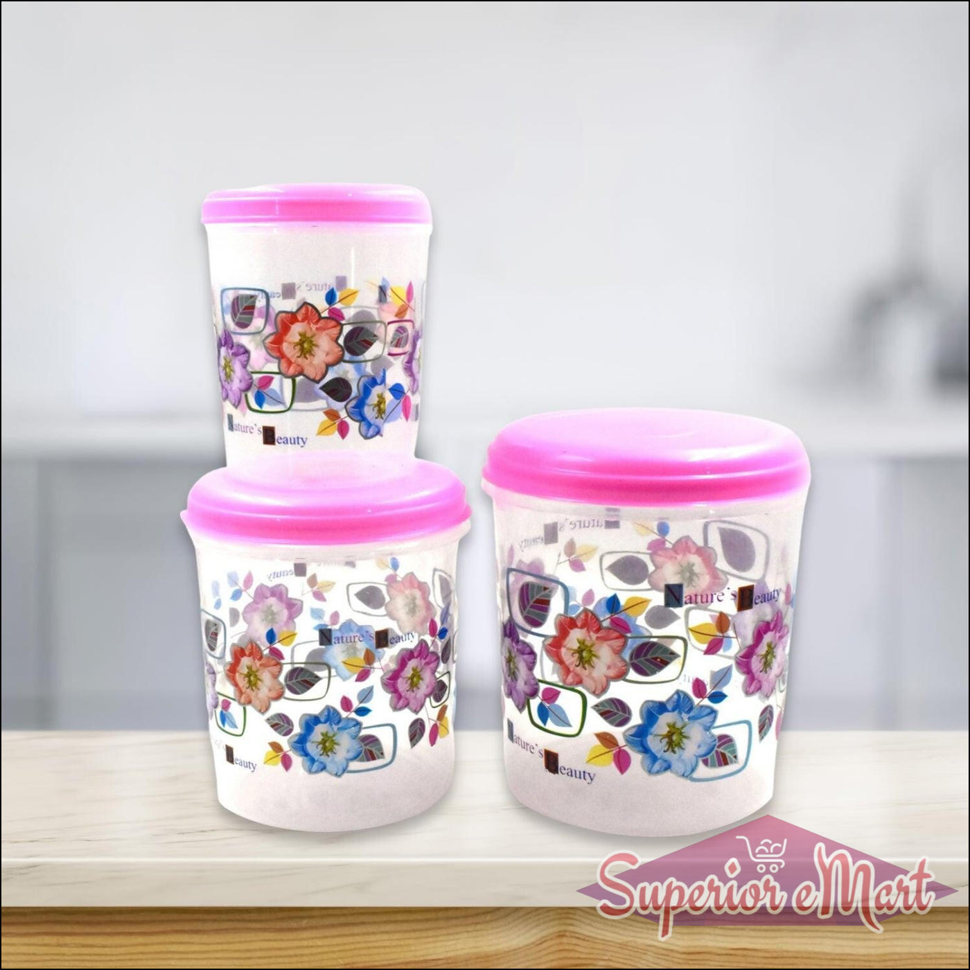 3 piece storage container set with vibrant floral designs and pink lids for kitchen organization