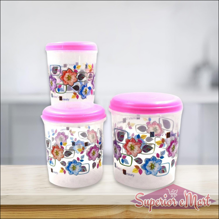 3 piece storage container set with vibrant floral designs and pink lids for kitchen organization