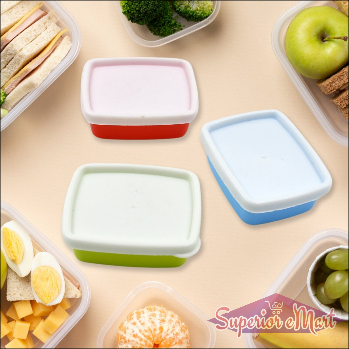 Airtight food storage containers set in various colors with healthy meal prep ingredients like fruits and vegetables