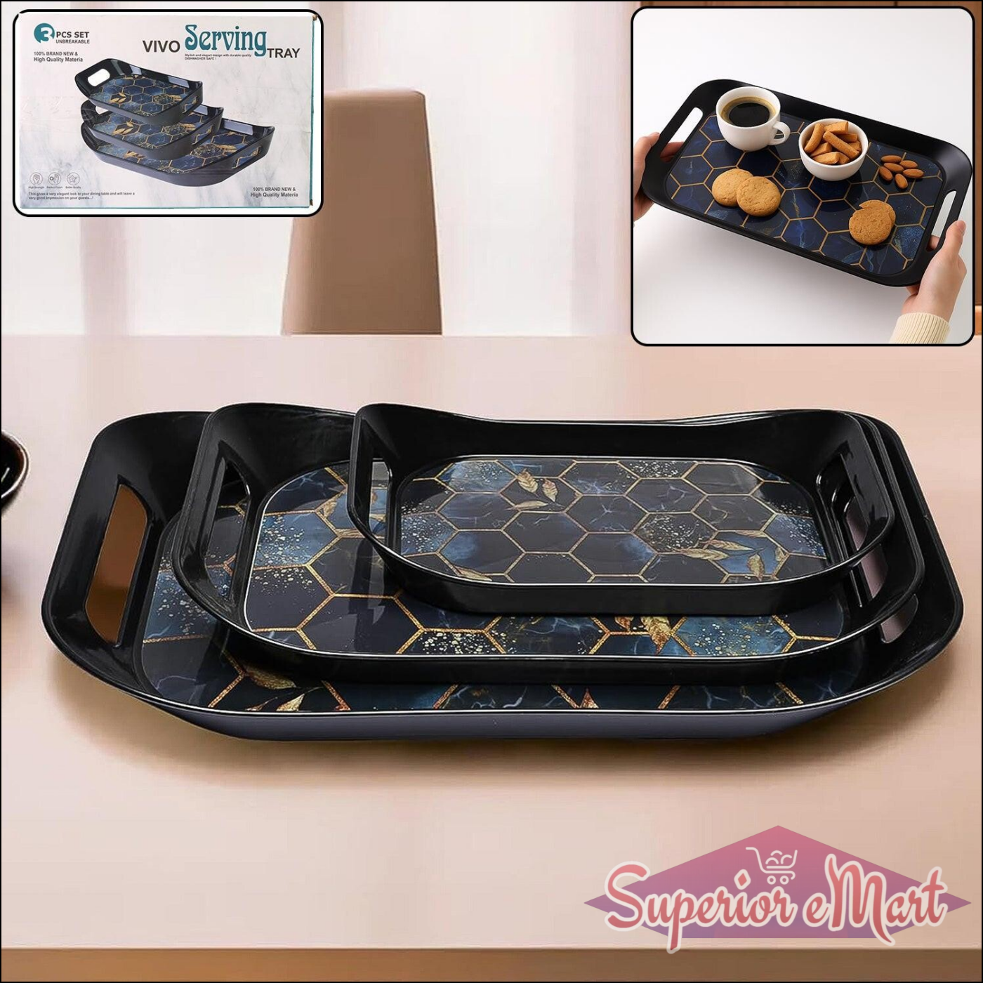 3 Piece Serving Tray Set - Stylish & Durable - Superior eMart