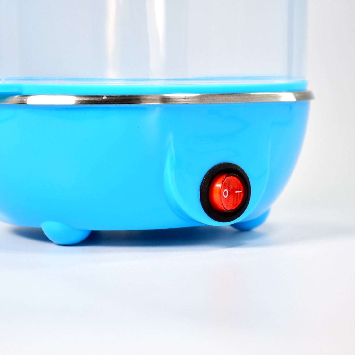 Blue 3 tier electric egg boiler with a power button for easy egg cooking