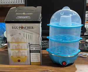 3 tier electric egg boiler with a blue design and a compact storage box for easy use in the kitchen