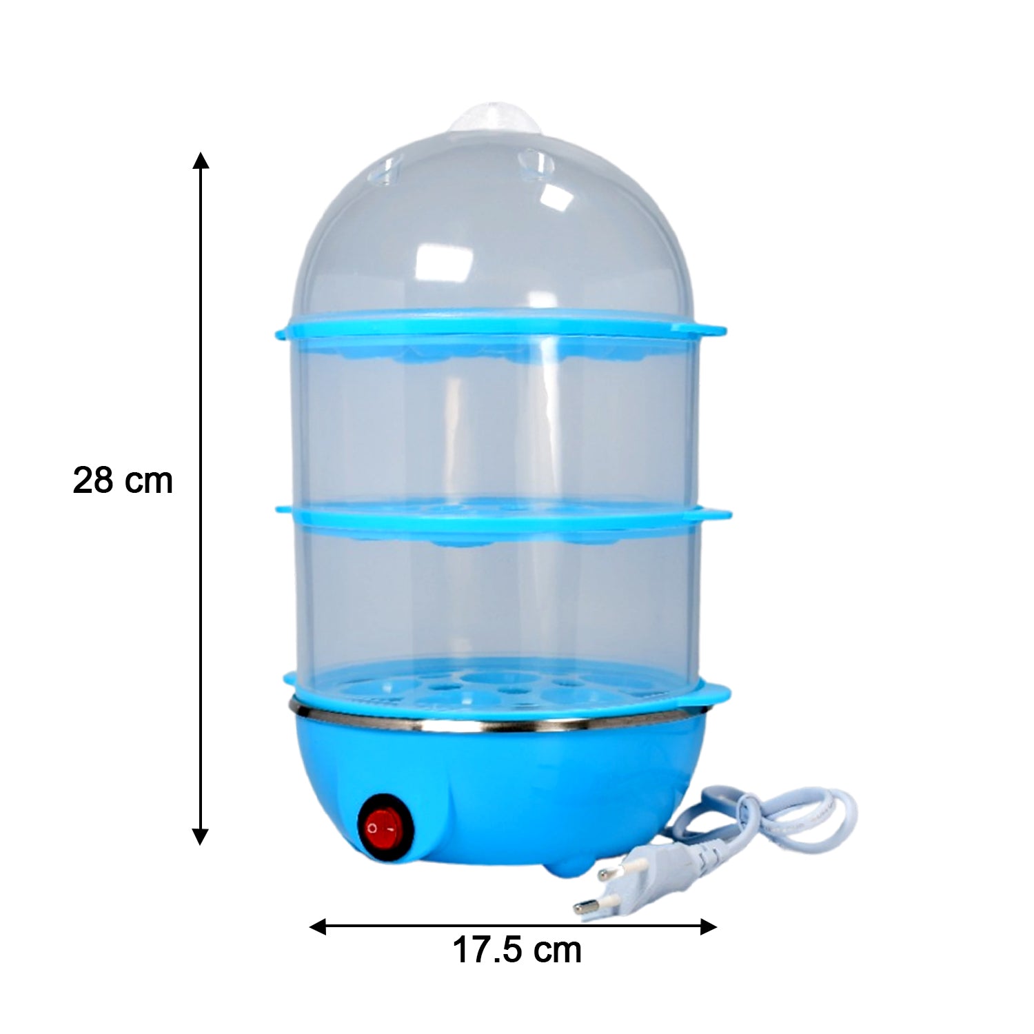 3 tier electric egg boiler with transparent trays and a blue base for easy egg cooking