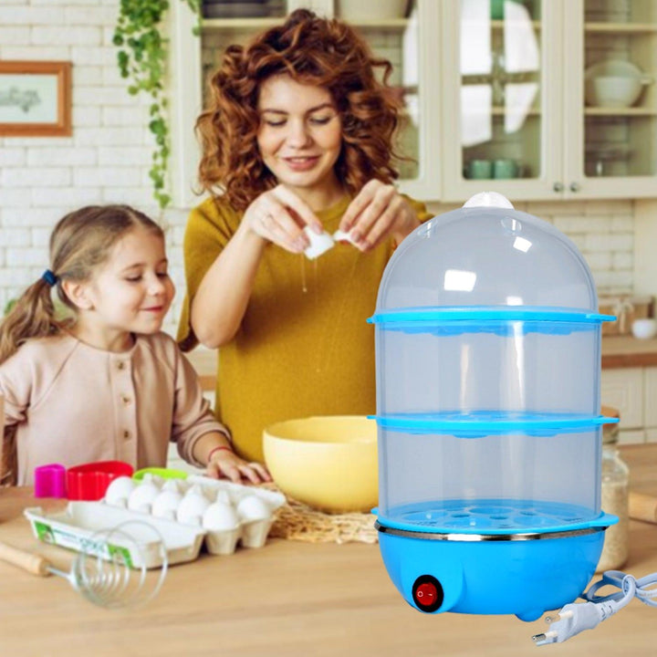 3 tier electric egg boiler in the kitchen with a woman and child preparing eggs