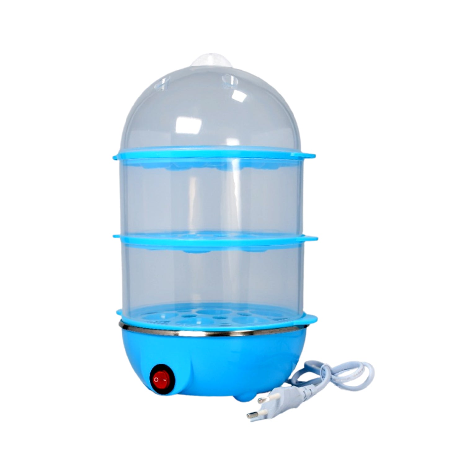 3 tier electric egg boiler in blue with transparent tiers and power cord for easy cooking