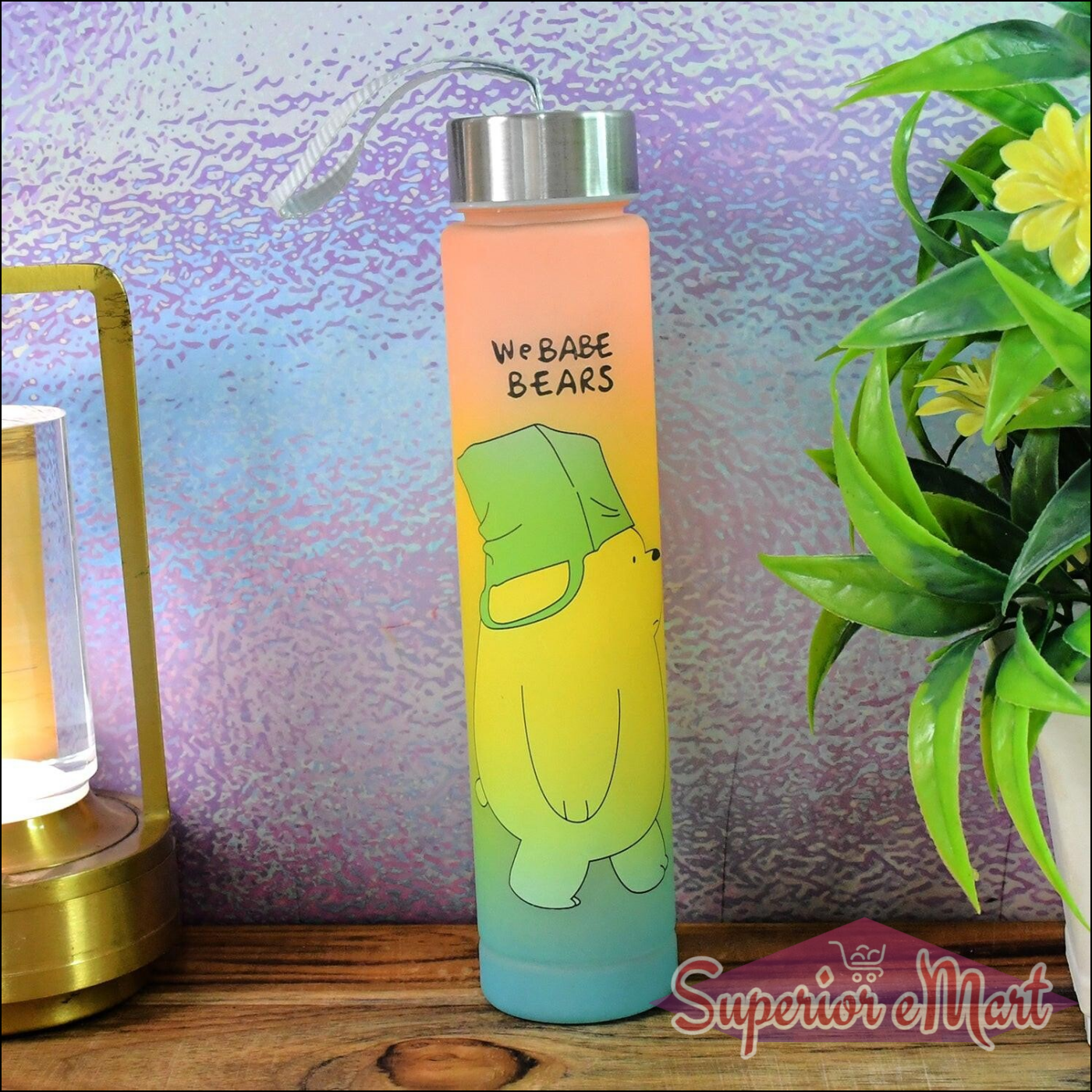 Cute cartoon water bottle featuring a bear design with a colorful gradient for fun hydration