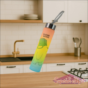 Cute cartoon water bottle with colorful bear design for kids and adults in home kitchen setting