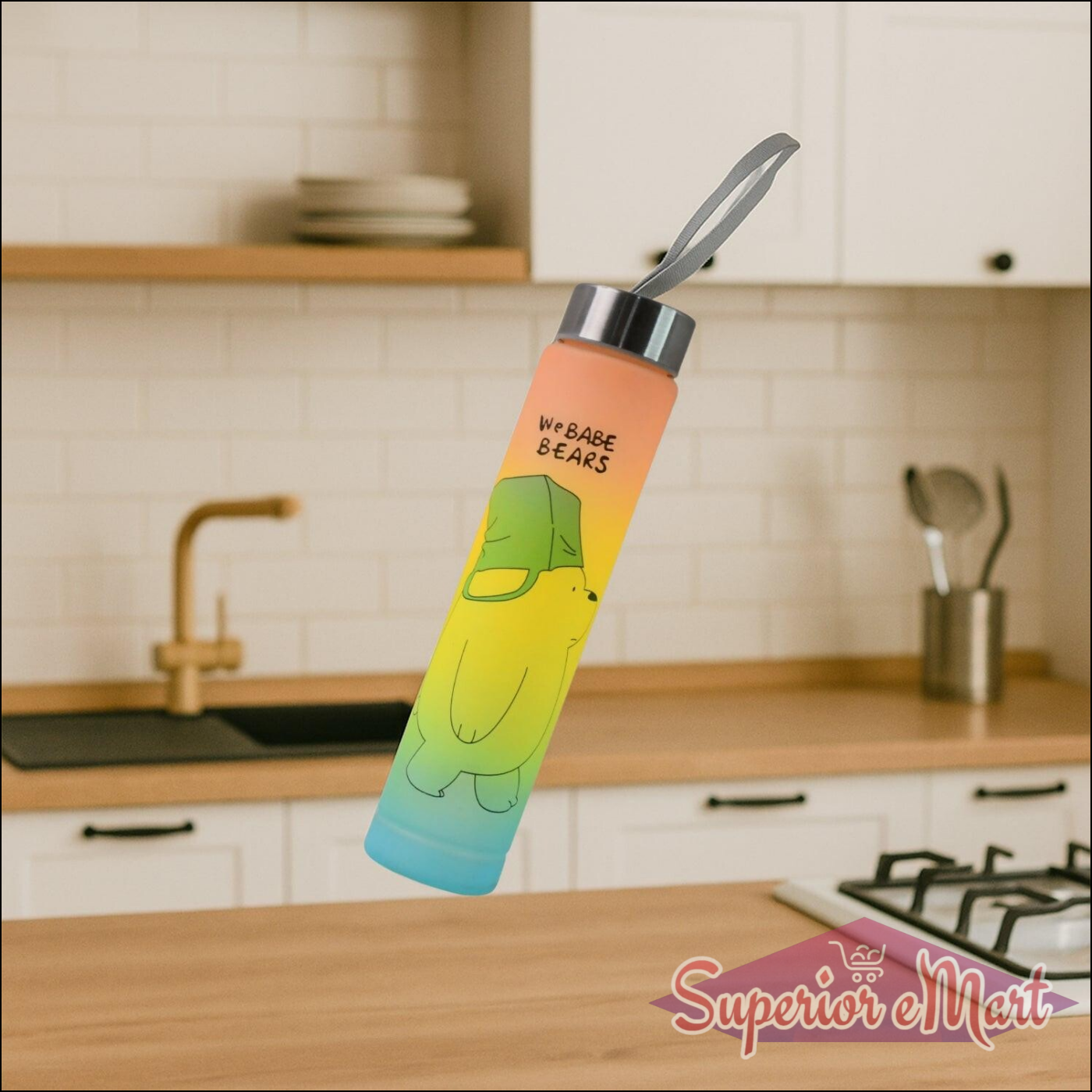 Cute cartoon water bottle with colorful bear design for kids and adults in home kitchen setting