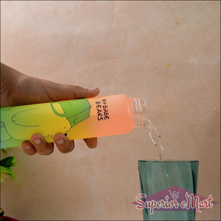 Cute cartoon water bottle being filled with water next to a glass, featuring vibrant design