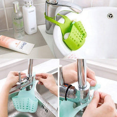 Faucet caddy with adjustable plastic basket for kitchen and bathroom sink drainage.