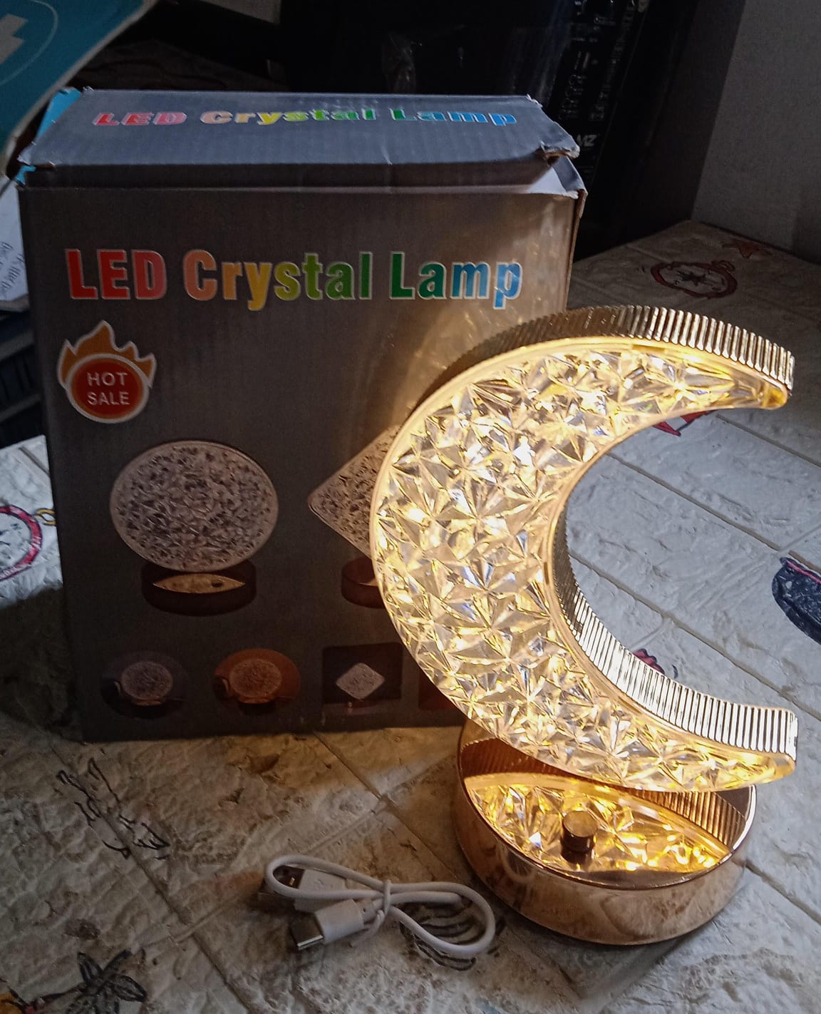 Crystal Table Lamp | Moon Shape Touch Control Lamp with 3 Color | Metal Bedside  - 12570_moon_crystal_table_lamp