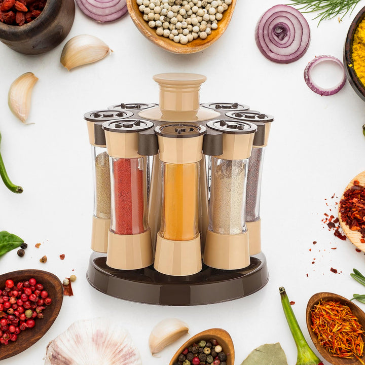 Superior eMart 360 revolving spice rack with beige and brown jars filled with assorted spices