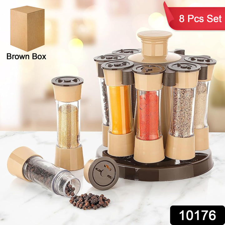 Superior eMart 360 revolving spice rack 8 pcs set with beige and brown spice jars on white countertop