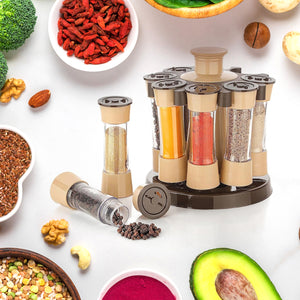 Superior eMart 360 revolving spice rack with glass jars filled with various spices on kitchen counter