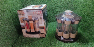 360 revolving spice rack with clear containers and a stylish base for organized storage