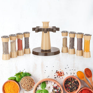 Superior eMart 360 revolving spice rack with multiple spice containers on a wooden base for kitchen organization
