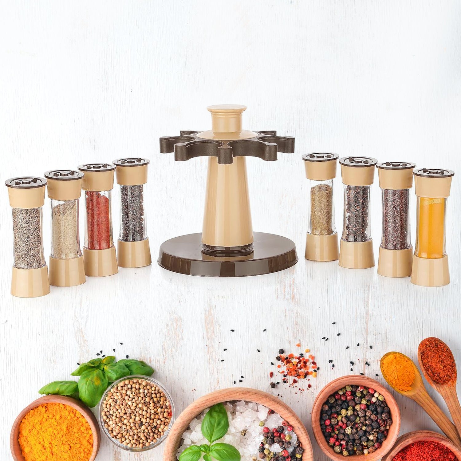 Superior eMart 360 revolving spice rack with multiple spice containers on a wooden base for kitchen organization