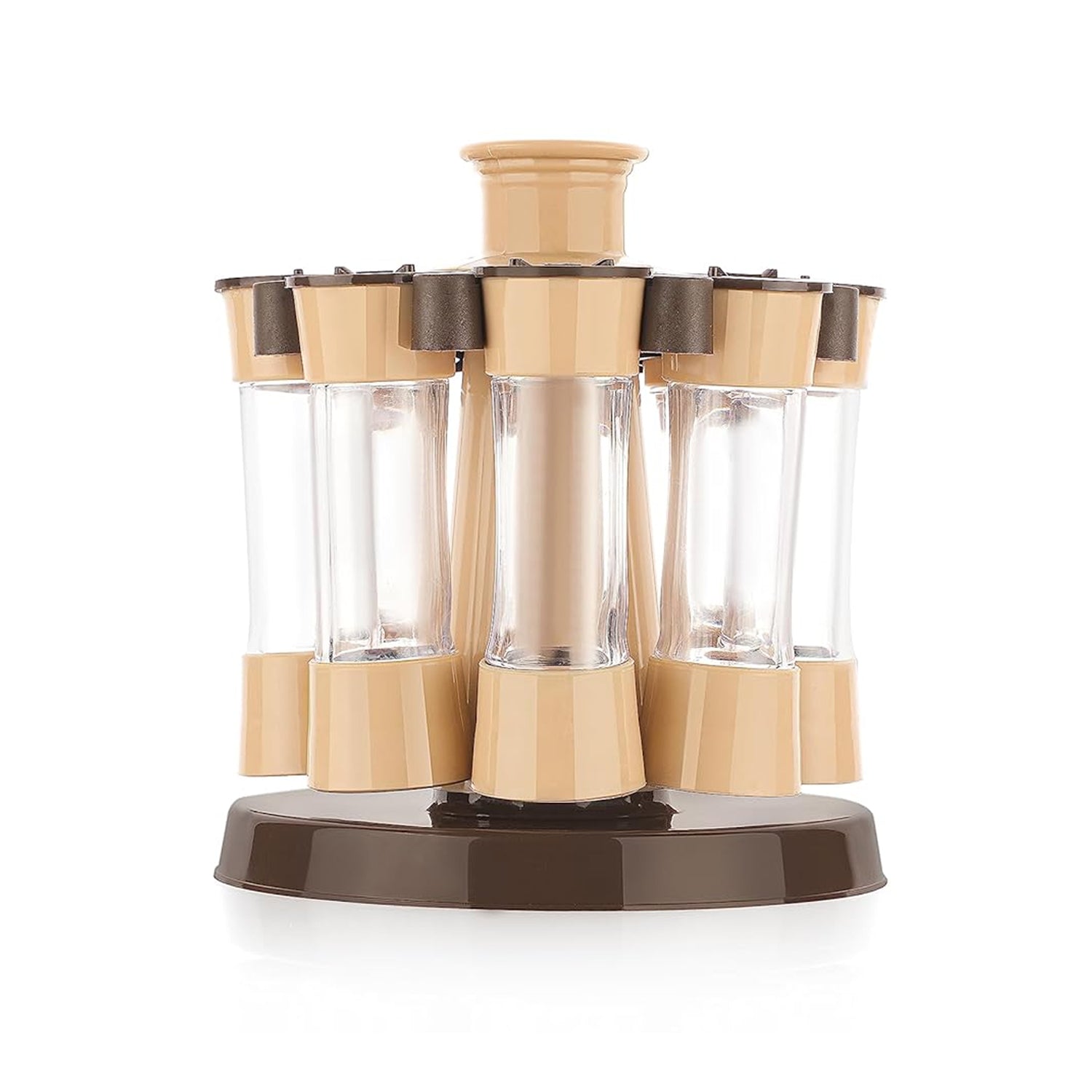 Superior eMart 360 revolving spice rack with beige and brown spice containers on a rotating base