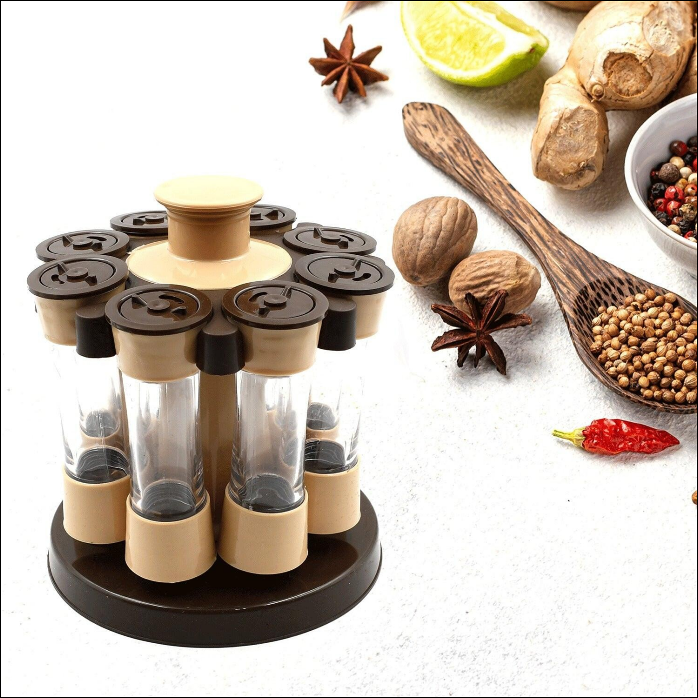 Superior eMart 360 revolving spice rack with clear glass jars for organized spice storage