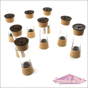 Set of 10 spice jars designed for a 360 revolving spice rack for easy access and organization