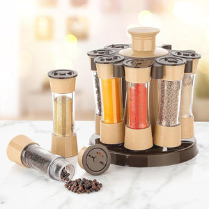 Superior eMart 360 revolving spice rack with transparent jars and beige lids for organized kitchen storage