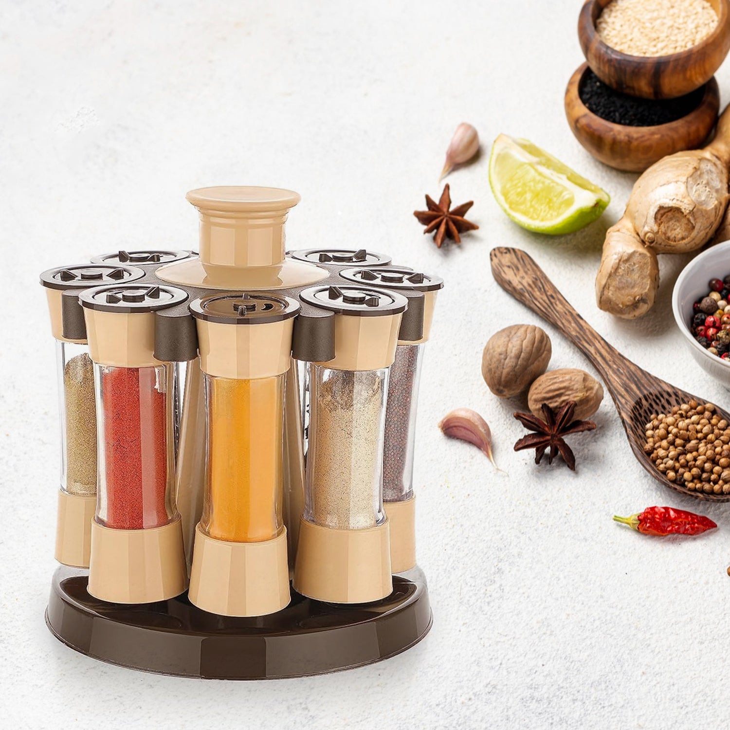 Superior eMart 360 revolving spice rack with clear containers holding various spices on brown base